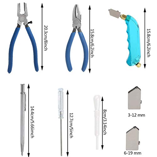 BUYGOO 12PCS Cortador de Vidrio, Herramientas de Cortador de Cristal Profesional con 2 x Pinzas, Cabeza reemplazable Adicional 3mm-12mm / 6mm-19mm y depósito de Aceite