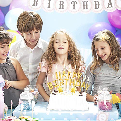 B•You Velas de Cumpleaños,Velas de Tarta de Cumpleaños 21piezas Dorado Happy Birthday Letras Estrella Metálicas Velas Altas Delgadas Doradas en Soporte para Decoración de Pasteles