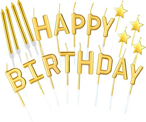 B•You Velas de Cumpleaños,Velas de Tarta de Cumpleaños 21piezas Dorado Happy Birthday Letras Estrella Metálicas Velas Altas Delgadas Doradas en Soporte para Decoración de Pasteles