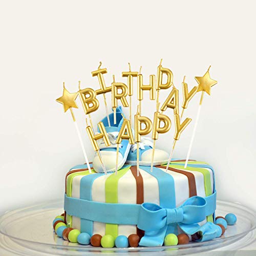 B•You Velas de Cumpleaños,Velas de Tarta de Cumpleaños 21piezas Dorado Happy Birthday Letras Estrella Metálicas Velas Altas Delgadas Doradas en Soporte para Decoración de Pasteles
