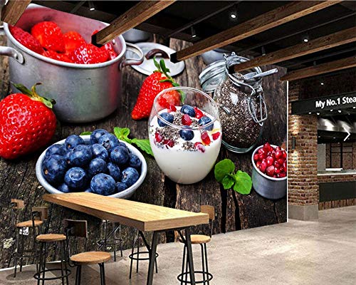 BZDHWWH Yogur, Fresa, Arándanos, Tablones De Madera, Alimentos, Papel Tapiz, Mural Para La Sala, Cocina, Restaurante, Cafetería, Bar Para Navidad,420 cm×250 cm