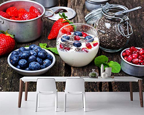 BZDHWWH Yogur, Fresa, Arándanos, Tablones De Madera, Alimentos, Papel Tapiz, Mural Para La Sala, Cocina, Restaurante, Cafetería, Bar Para Navidad,420 cm×250 cm