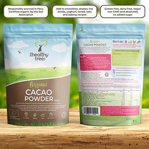 Cacao Crudo Orgánico en Polvo de TheHealthyTree Company para Yogur, Batidos y Repostería - Alto Contenido de Proteínas, Magnesio, Fibra y Potasio - Sin Azúcar, Polvo de Cacao Vegano (500 g)