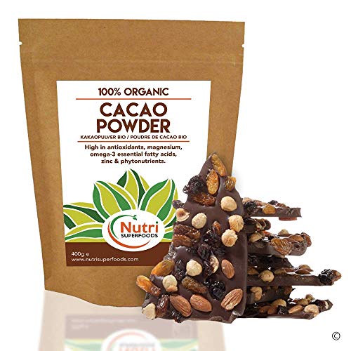 Cacao en polvo - Ingrediente orgánico de chocolate negro vegano - Sin azúcar - Ideal para hornear, batidos y delicioso chocolate caliente - 400g