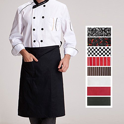 CADANIA Delantales de Cocina Medio Largo Cintura Larga Delantal Chefs Camareros Camareros Uniforme - Negro