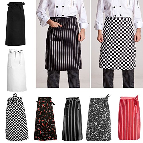 CADANIA Delantales de Cocina Medio Largo Cintura Larga Delantal Chefs Camareros Camareros Uniforme - Negro