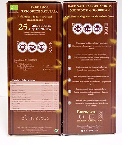 Café-DITARE KAFE-75 Monodosis duras 44 mm.x 7g.-Natural de Agricultura Ecológica-Pack 3x25/u.-Total: 75 Unidosis. Compatible con máquinas expres de brazo y aptas.