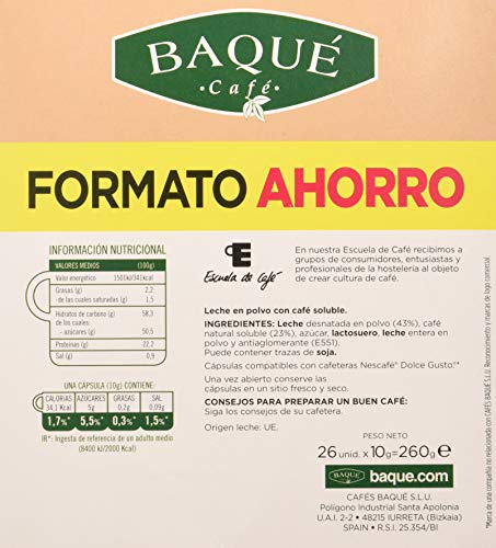 Cafés Baqué 26 Capsulas Compatibles Dolce Gusto Con Leche 226 g