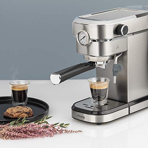 Cafetera Expresso Manual, 1350 W, Bomba de Presión Italiana, 15 Bares, 1.1 Litro, Barómetro, Acero Inoxidable. H.Koenig EXP820