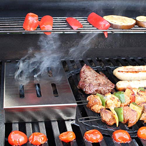 Caja Ahumadora de Acero Inoxidable , Parrilla a la Barbacoa Para Barbacoas Maderas Chips, Para Grill Para Parrilla de Gas,Las Verduras y la Carne Aportan el Sabor Tradicional a la Barbacoa.