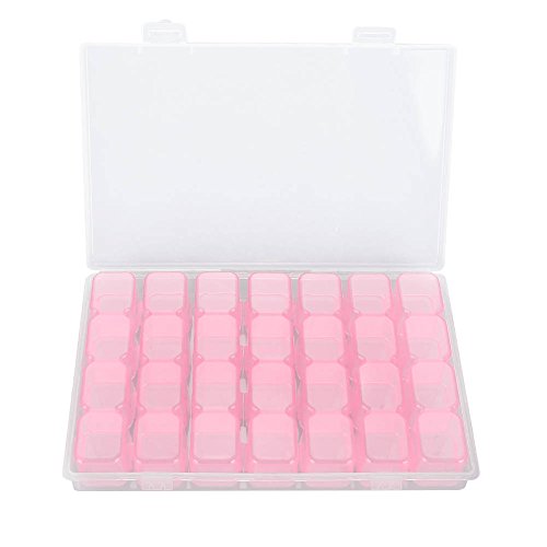 Caja de almacenamiento de rejillas, 1 paquete de 28 Cajas pequeñas con tapas Diamantes de plástico transparentes/coloridos Pintura Accesorios de uñas Contenedor de almacenamiento Organizador(rosa)