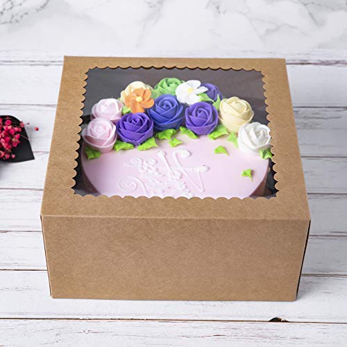 Cajas para pastelería, color marrón, 20 x 20 x 10 cm; caja grande automontable para tartas, de cartón kraft y con ventana (paquete de 15)