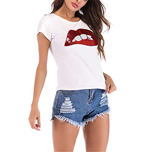 Camiseta de manga corta para mujer, de verano, de manga corta, diseño de labios de dibujos animados, cuello redondo, suelto, manga corta,