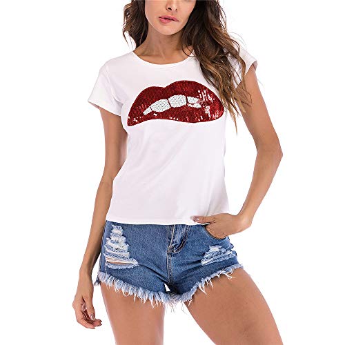 Camiseta de manga corta para mujer, de verano, de manga corta, diseño de labios de dibujos animados, cuello redondo, suelto, manga corta,