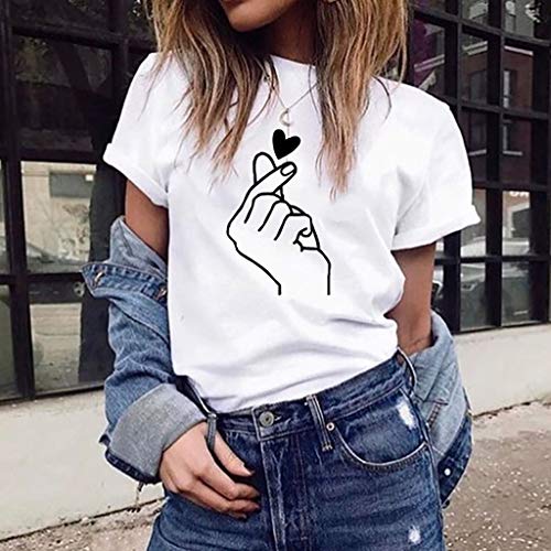 Camiseta de Mujer Manga Corta Corazón Impresión Blusa Camisa Cuello Redondo Basica Camiseta Suelto Verano Tops Casual Fiesta T-Shirt Original tee vpass (Blanco7, L)
