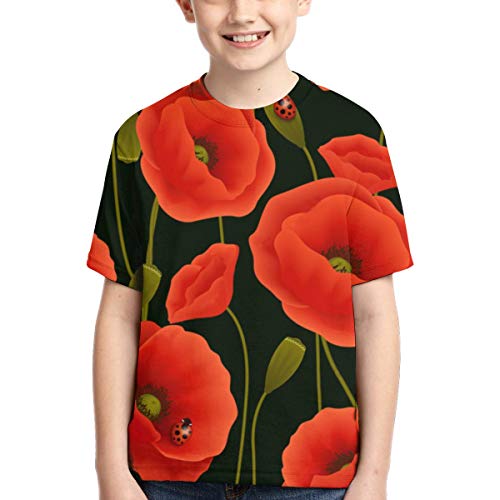 Camisetas para niños Camiseta de Manga Corta de algodón con Estampado de Flores de Amapola romántica para niños