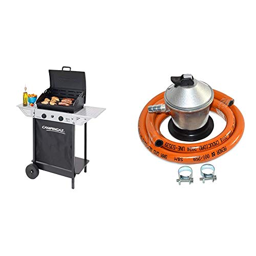 Campingaz Xpert 100 L Barbacoa gas, parrilla gas con dos quemadores compactos + S&M 321771 Regulador de Gas Butano Goma M + 2 Abraz, Gris/Naranja, 1,5 metros de tubo