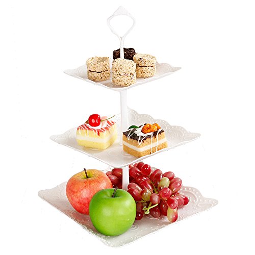Candora - Juego de 3 soportes cuadrados de plástico para tartas, de imitación de cerámica, de 15,24 cm, 20,32 cm y 25,4 cm, para servir alimentos y postres (2 juegos)