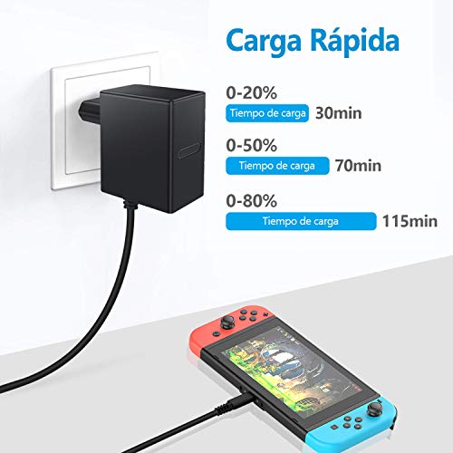 Cargador Nintendo Switch Kimood Cargador y Adaptador Nintendo Switch Lite 15V-2.6A Carga Rápida Type C, Cargador para Switch Dock y Mando para Nintendo Switch, Compatible com Modo TV