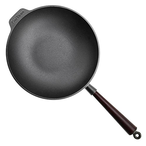 Carl Victor - Sartén Wok de Hierro Fundido 30 cm con Mango de Madera, Inducción