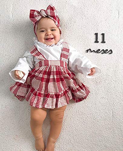 Carolilly - Conjunto de 3 piezas para niña de cuadros de color rojo invernal con pajita de manga larga + vestido de princesa + diadema para bebé de Navidad, fiesta o ceremonia rojo 6-12 Meses