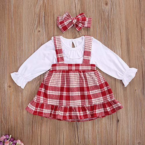 Carolilly - Conjunto de 3 piezas para niña de cuadros de color rojo invernal con pajita de manga larga + vestido de princesa + diadema para bebé de Navidad, fiesta o ceremonia rojo 6-12 Meses