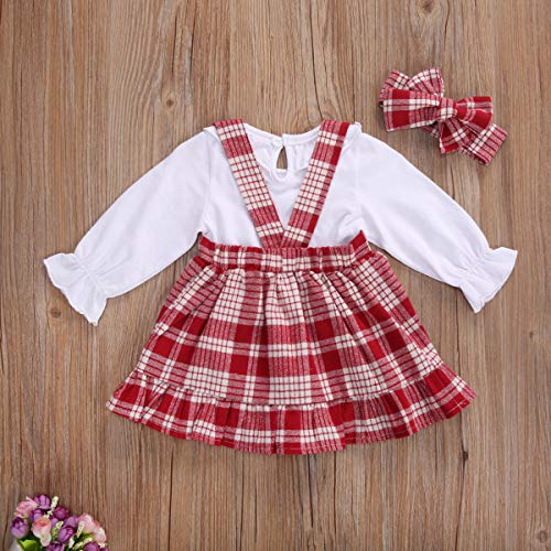 Carolilly - Conjunto de 3 piezas para niña de cuadros de color rojo invernal con pajita de manga larga + vestido de princesa + diadema para bebé de Navidad, fiesta o ceremonia rojo 6-12 Meses