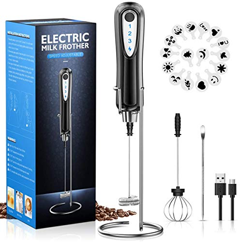 CAVN Espumador de Leche, batidora de Mano eléctrica operada a batería, Doble Batidor de Leche de Acero Inoxidable Cabeza Y Soporte de para café, café con Leche, Capuchino, Chocolate Caliente (Black)