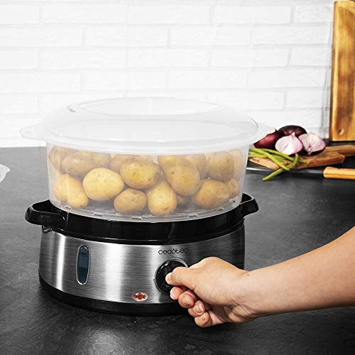 Cecotec Vaporera eléctrica Vapovita 3000 INOX con 800 W, 3 recipientes Independientes, Cuenco para Preparar arroz, Soportes para cocer Huevos, Temporizador 60 Minutos. 2 entradas Laterales de Agua.