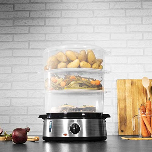 Cecotec Vaporera eléctrica Vapovita 3000 INOX con 800 W, 3 recipientes Independientes, Cuenco para Preparar arroz, Soportes para cocer Huevos, Temporizador 60 Minutos. 2 entradas Laterales de Agua.