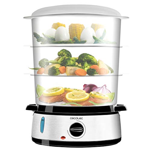 Cecotec Vaporera eléctrica Vapovita 3000 INOX con 800 W, 3 recipientes Independientes, Cuenco para Preparar arroz, Soportes para cocer Huevos, Temporizador 60 Minutos. 2 entradas Laterales de Agua.