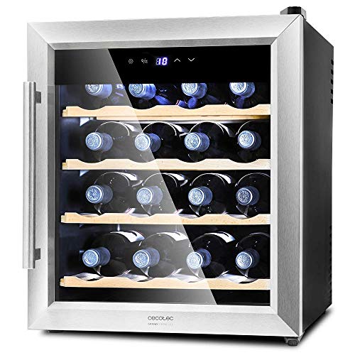 Cecotec Vinoteca de 16 Botellas Capacidad de 48L. Diseño Puerta Cristal, Marco de Acero Inoxidable y estantes de Madera. Panel táctil y Pantalla LED. Tecnología Motionless Evitar Vibraciones.