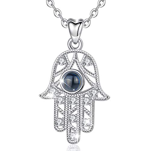 CELESTIA 100 IdiomasTe Amo Collares Mujeres, Plata de Ley 925 Nano Tecnología Grabado Mano de Hamsa Collar de Proyectivos, Día de la Madre Regalos del Día de San Valentín para Ella, Joyas