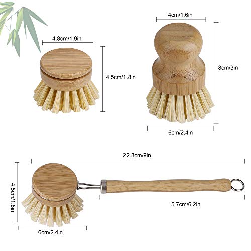 Cepillo para Platos de Bambú, Cerdas Naturales De Jabalí Mango Largo Cepillo para Ollas y Cabeza de Repuesto, para Lavar Vajilla Utensilios Cocina Sartén Limpieza
