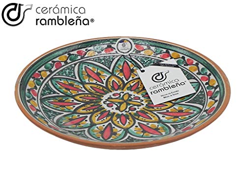 CERÁMICA RAMBLEÑA | Plato Decorativo para Colgar en Pared | Plato de cerámica | Rojo-Verde-Amarillo | 100% Hecho a Mano | 27x27x4,5 cm