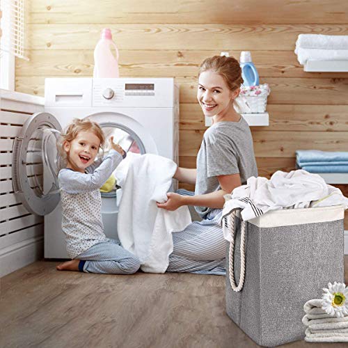 Cestas de lavandería Cleebourg, plegable, color gris, con tapa y asas, ideal para dormitorios, lavandería, baño, 90 litros, Gris, corto
