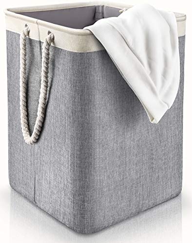 Cestas de lavandería Cleebourg, plegable, color gris, con tapa y asas, ideal para dormitorios, lavandería, baño, 90 litros, Gris, corto