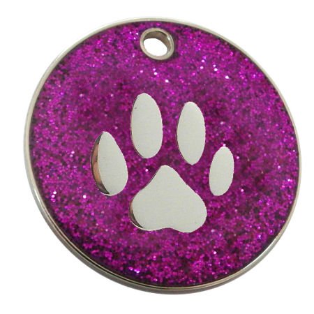Chapa identificativa para perros, de 25 mm, diseño con purpurina y figura de pata (personalizable)