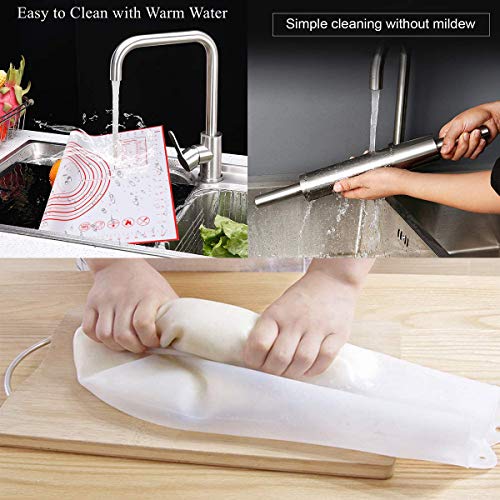 CHENKEE Rodillos de Amasar, Rodillo Amasar de Acero Inoxidable, Rodillo Masa de Metálicos Rolling Pins Viene con Tapete Antideslizante y Bolsa de Masa de Silicona para Fondant Pastelería Pastas Pizza