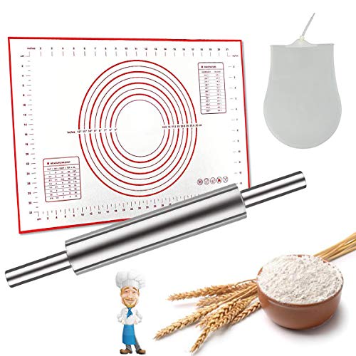 CHENKEE Rodillos de Amasar, Rodillo Amasar de Acero Inoxidable, Rodillo Masa de Metálicos Rolling Pins Viene con Tapete Antideslizante y Bolsa de Masa de Silicona para Fondant Pastelería Pastas Pizza