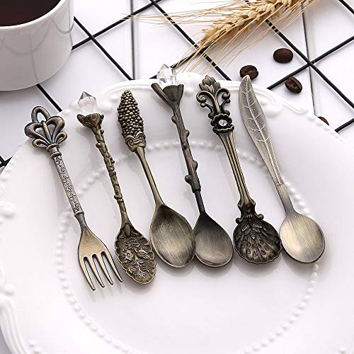 chenran Accesorios 6 UNIDS Vintage Mini 11.5mm Cucharas Tenedor Estilo Real Tallado De Metal Coffee Fruit Cutler Postre Cubiertos Utensilios De Cocina Regalo (Color : Bronze)