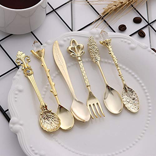 chenran Accesorios 6 UNIDS Vintage Mini 11.5mm Cucharas Tenedor Estilo Real Tallado De Metal Coffee Fruit Cutler Postre Cubiertos Utensilios De Cocina Regalo (Color : Bronze)