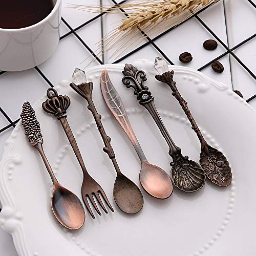 chenran Accesorios 6 UNIDS Vintage Mini 11.5mm Cucharas Tenedor Estilo Real Tallado De Metal Coffee Fruit Cutler Postre Cubiertos Utensilios De Cocina Regalo (Color : Bronze)