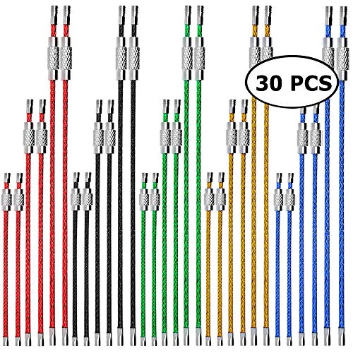 CKANDAY 30 Piezas Llaveros de Alambre de Metal de Acero Inoxidable con Nylon Revestimiento, Cable de 2 mm con Conector para Senderismo Etiquetas de identificación de Equipaje -3 tamaños 4"6" 7.8"