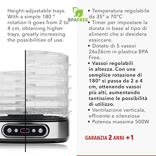 Clase Italia Consumo bajos Vivo Dry V, 500 W, 23 litros, bandejas de plástico sin BPA, acero