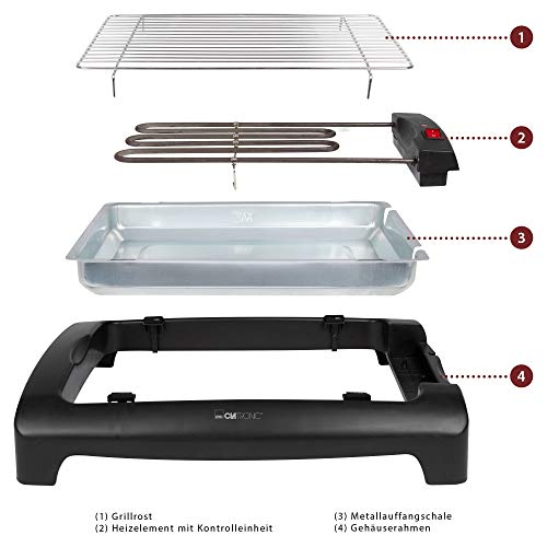 Clatronic BQ 2977 Barbacoa eléctrica, parrilla cromada de 35,5 x 24,5 cm, 2000 W, Aluminio, Negro