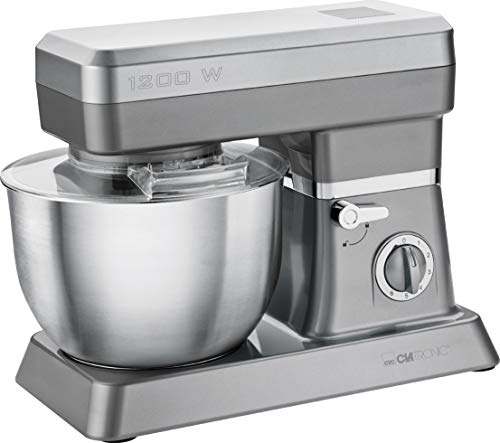 Clatronic KM 3630 Batidora amasadora para repostería, 6.3 l, 8 velocidades, 1200 W, Color Titanio, 6.3 litros, Acero Inoxidable, Gris