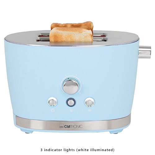Clatronic TA 3690 Tostadora de pan, 2 ranuras, 3 funciones, tostar, calentar y descongelar, 850 W, regulador de nivel de tostado, calienta panecillos o bolleria, serie Rock&Retro, vintage azul pastel