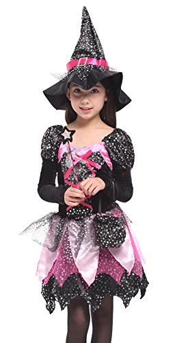 Cloudkids Disfraz de Bruja para Niñas Infantil con Sombrero de Bruja Hechicera- Niña - Disfraz - Carnaval - Halloween - Cosplay - Accesorios - Talla M, 4 a 6 años