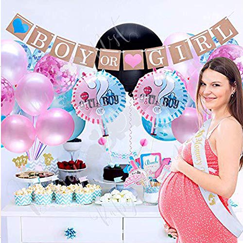 CNNIK 103 Piezas de género revelan la decoración de la Fiesta de Bienvenida al bebé de niño o niña - 36 " Globos Azules y Rosados, Confeti, Pancarta, Photo Booth, mamá para ser el Marco